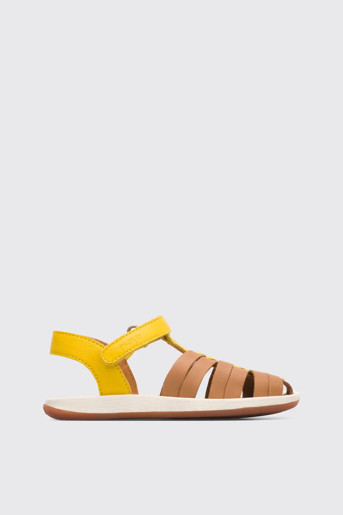 Bicho Closed yellow and tan nude T-strap sandal for kids