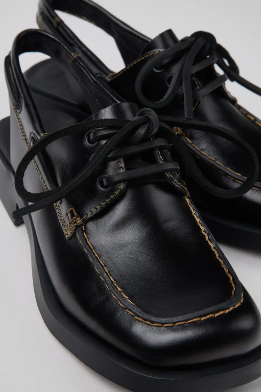 Donna Black Leather Semi-Open Shoes for Women.