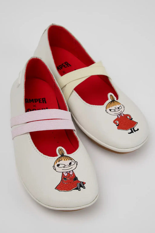 Camper x Moomin White Leather Ballerinas for Kids.