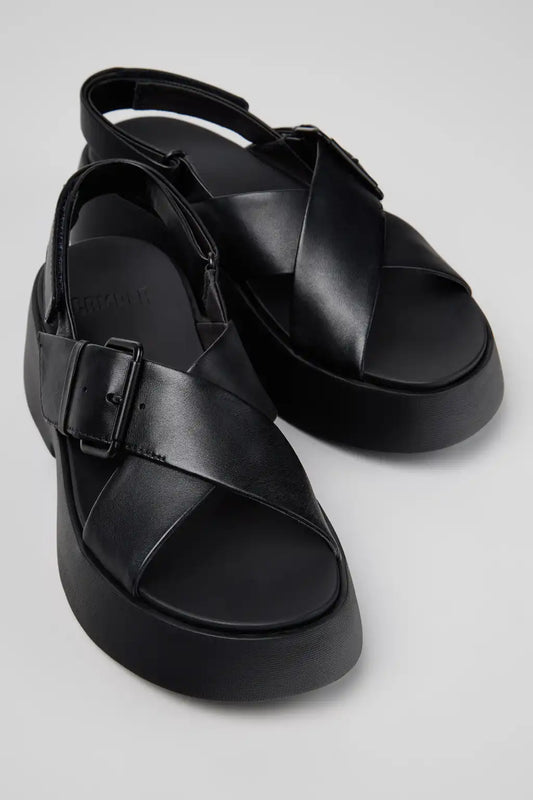 Tasha Black Leather Sandals for Women.