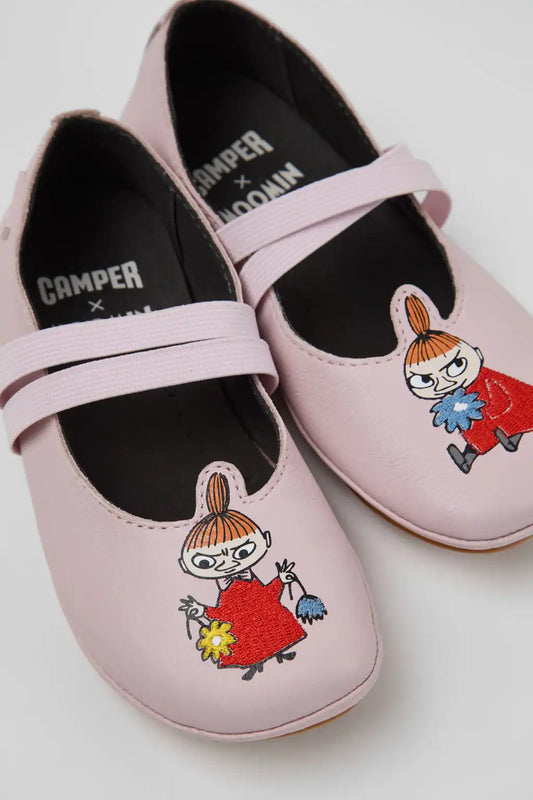 Camper x Moomin Pink and Orange Leather Ballerinas for Children.
